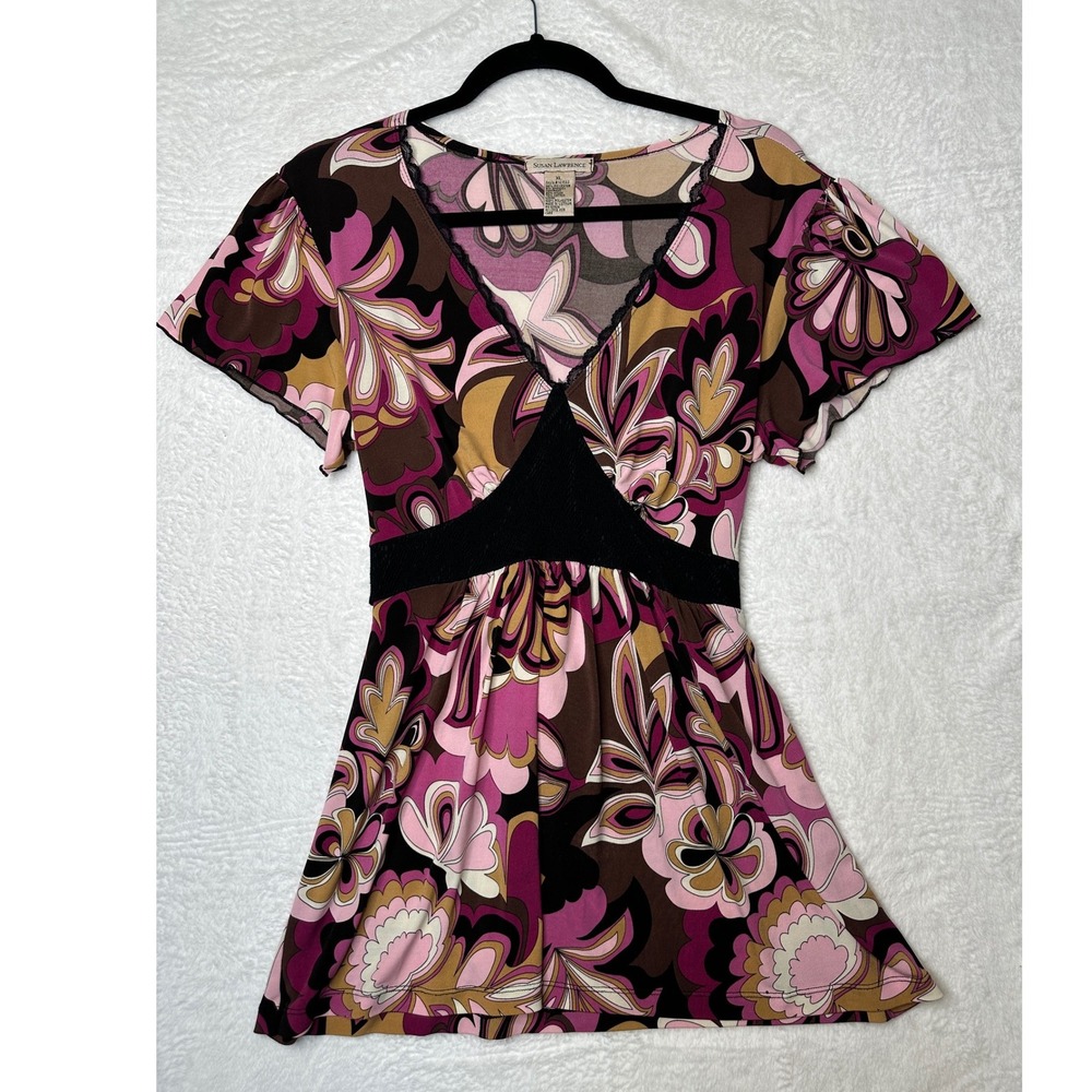 Susan Lawrence Y2K Top Womens XL Pink Purple Floral Paisley V-Neck Empire Waist
